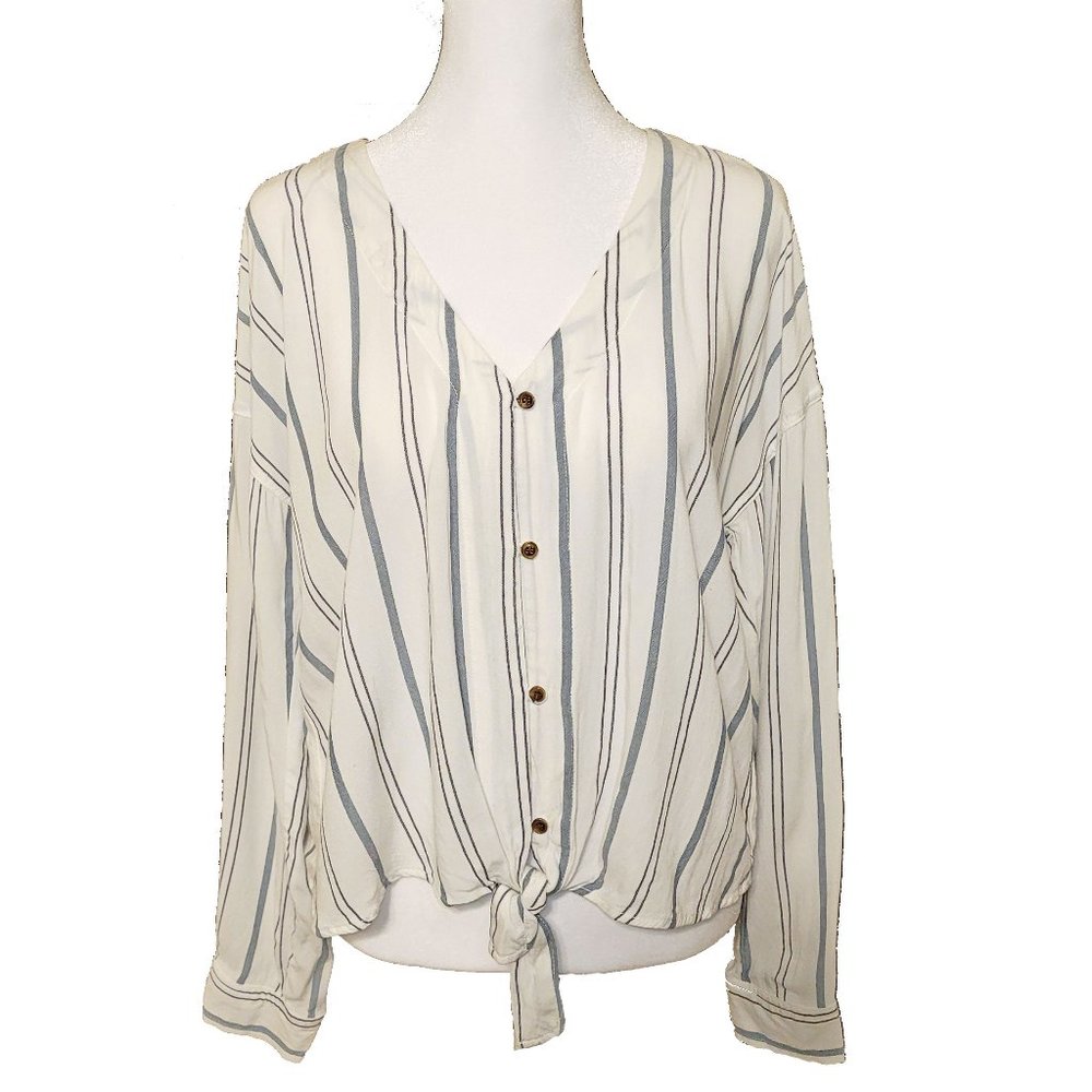Pink Rose Lightweight Tie Front Striped Blouse SZ M